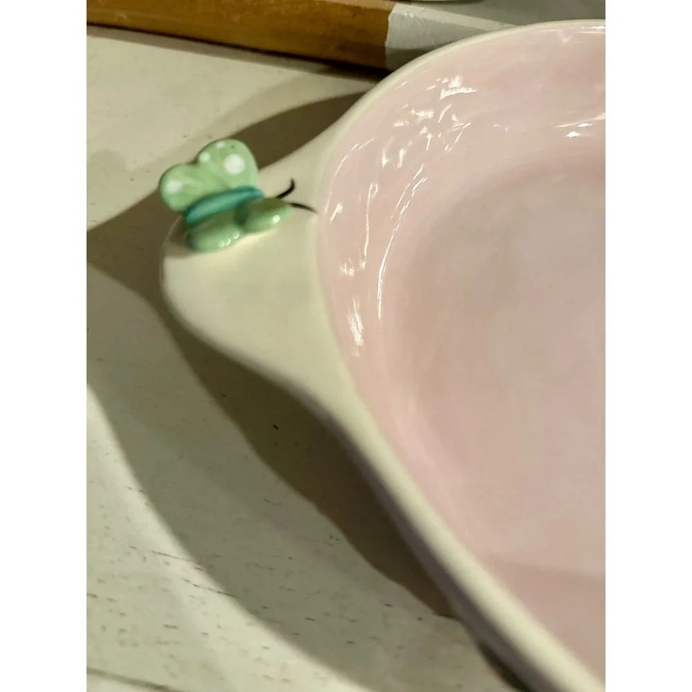 RARE Anthropologie Faye Pie Dish 3D Butterfly Ladybug Snail Pink Stoneware HTF